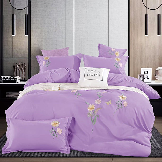 Спално бельо с ластик и бродерия - лилав цвят