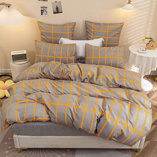 Единично спално бельо с ластик – сиво с оранжеви квадратчета