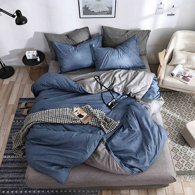 Единично спално бельо с ластик – сиво и синьо