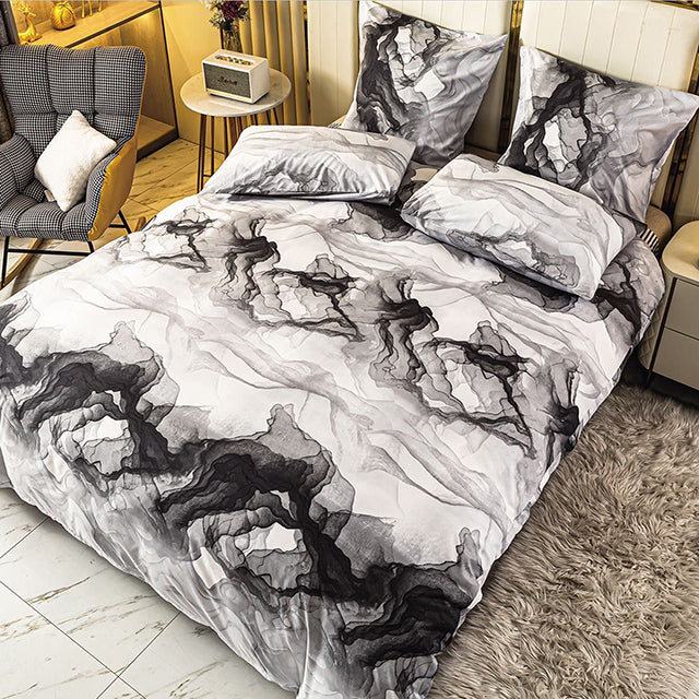 Единично спално бельо с ластик – бяло и сиво с мраморен ефект