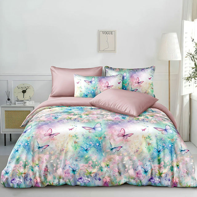 Спално бельо от фин сатен с ластик - синьо и розово с пеперуди и цветчета