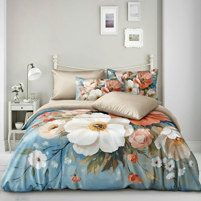 Спално бельо от фин сатен с ластик - синьо и бежово с красиви цветя