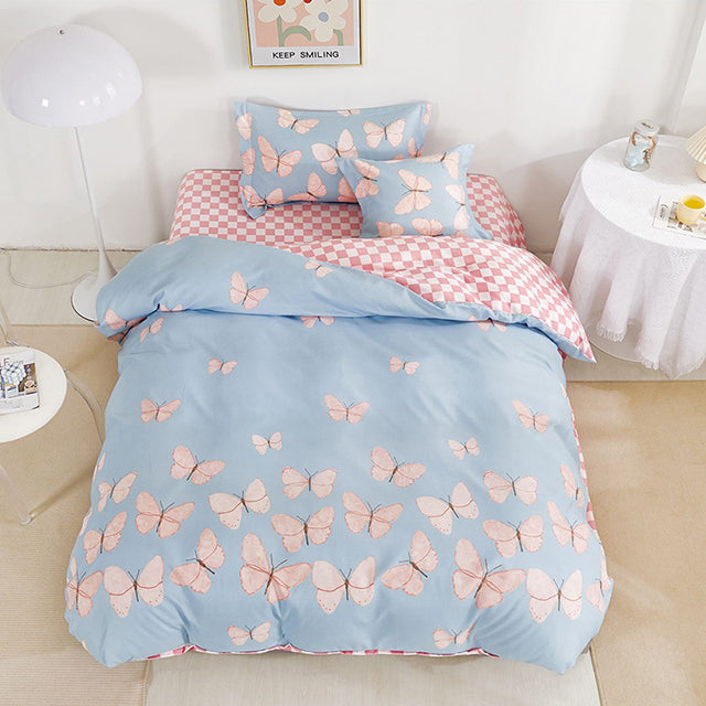 Единично спално бельо с ластик – синьо и розово с пеперуди