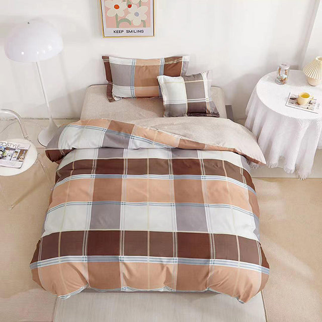 Единично спално бельо с ластик – бежово и кафяво с квадрати