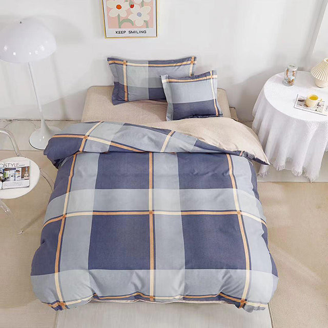 Единично спално бельо с ластик – синьо и бежово на райета