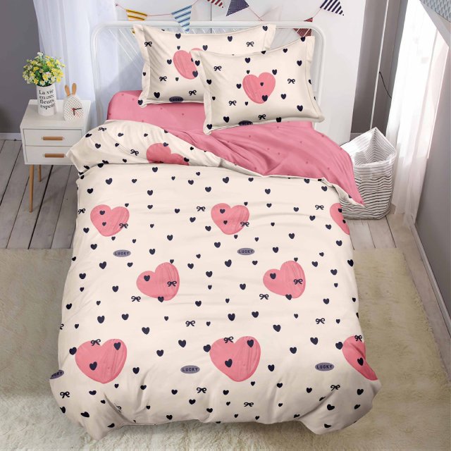 Единично спално бельо с ластик - бяло и розово със сърца