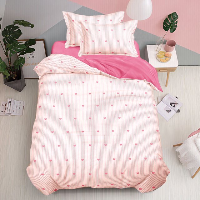 Единично спално бельо с ластик - бяло и розово със сърца