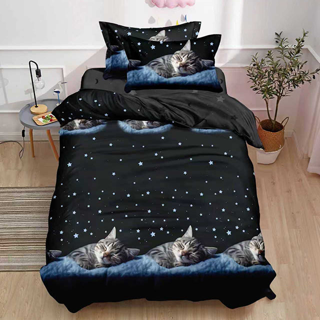 Единично спално бельо с ластик - черно с котенца