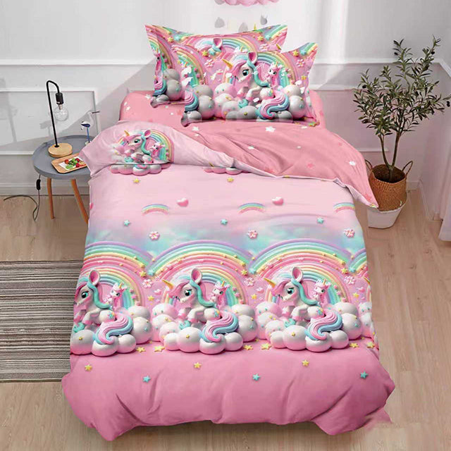 Единично спално бельо с ластик - розово с еднорози и дъги