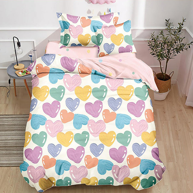 Единично спално бельо с ластик – цветни сърца