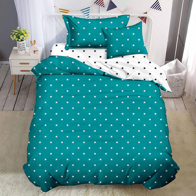 Единично спално бельо с ластик – тюркоазено с бели звезди