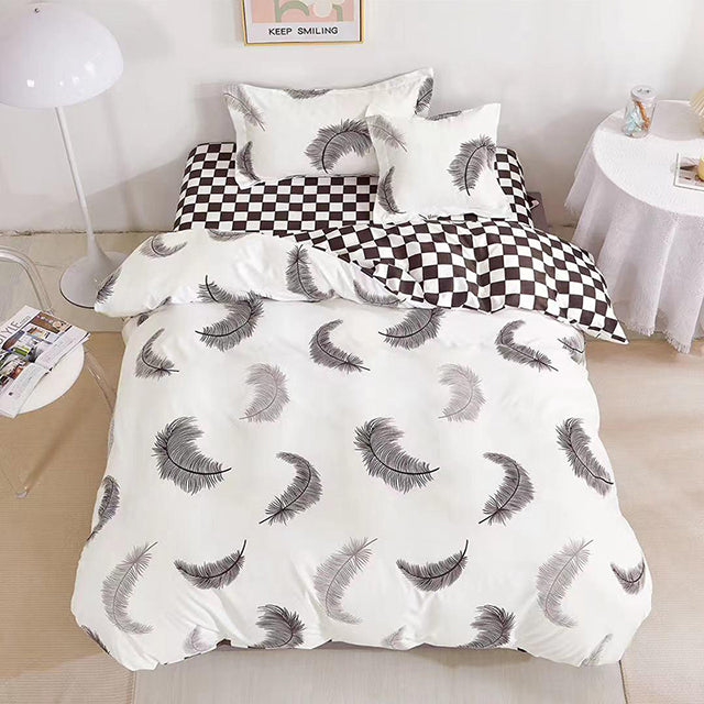 Единично спално бельо с ластик – бяло със сиви пера