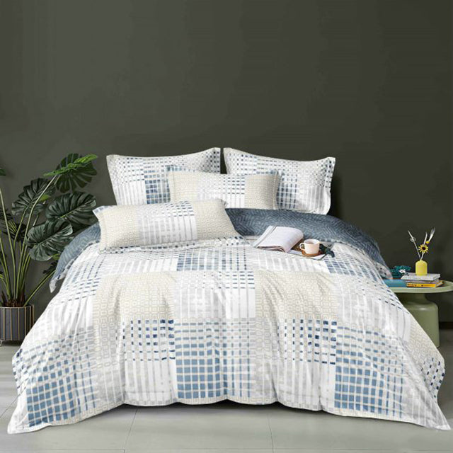 Единично спално бельо с ластик 4 части - бяло и синьо с абстрактен дизайн