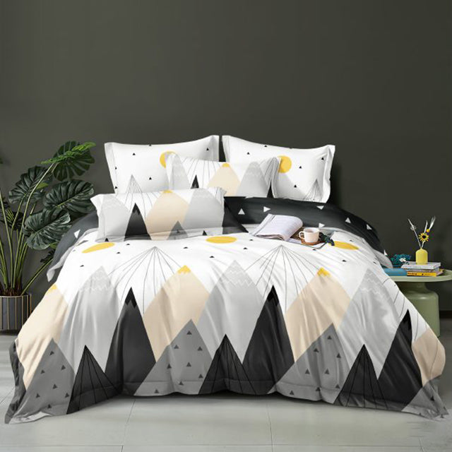 Единично спално бельо 4 части - бяло и тъмносиво с геометричен дизайн