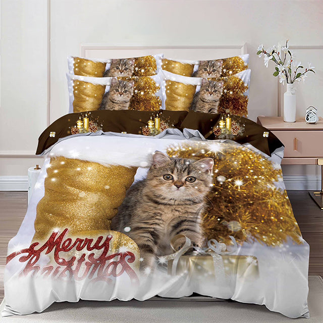 Коледно спално бельо от 100% памук 6 части – бял цвят с коте