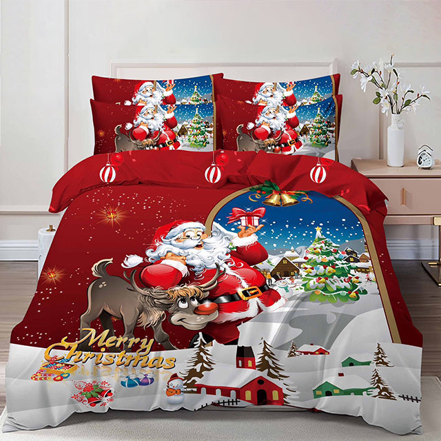 Коледно спално бельо от 100% памук 6 части – червен цвят с коледни мотиви