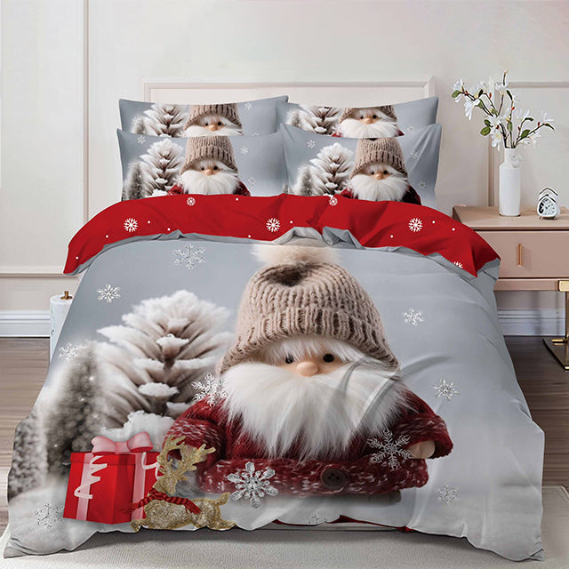 Коледно спално бельо от 100% памук 6 части – сив цвят с коледно джудже