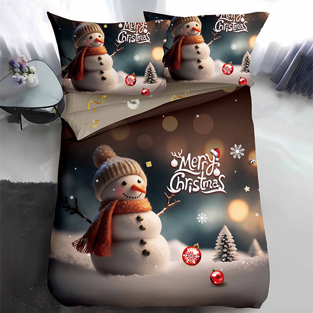 Коледно единично спално бельо - сиво и кафяво със снежен човек