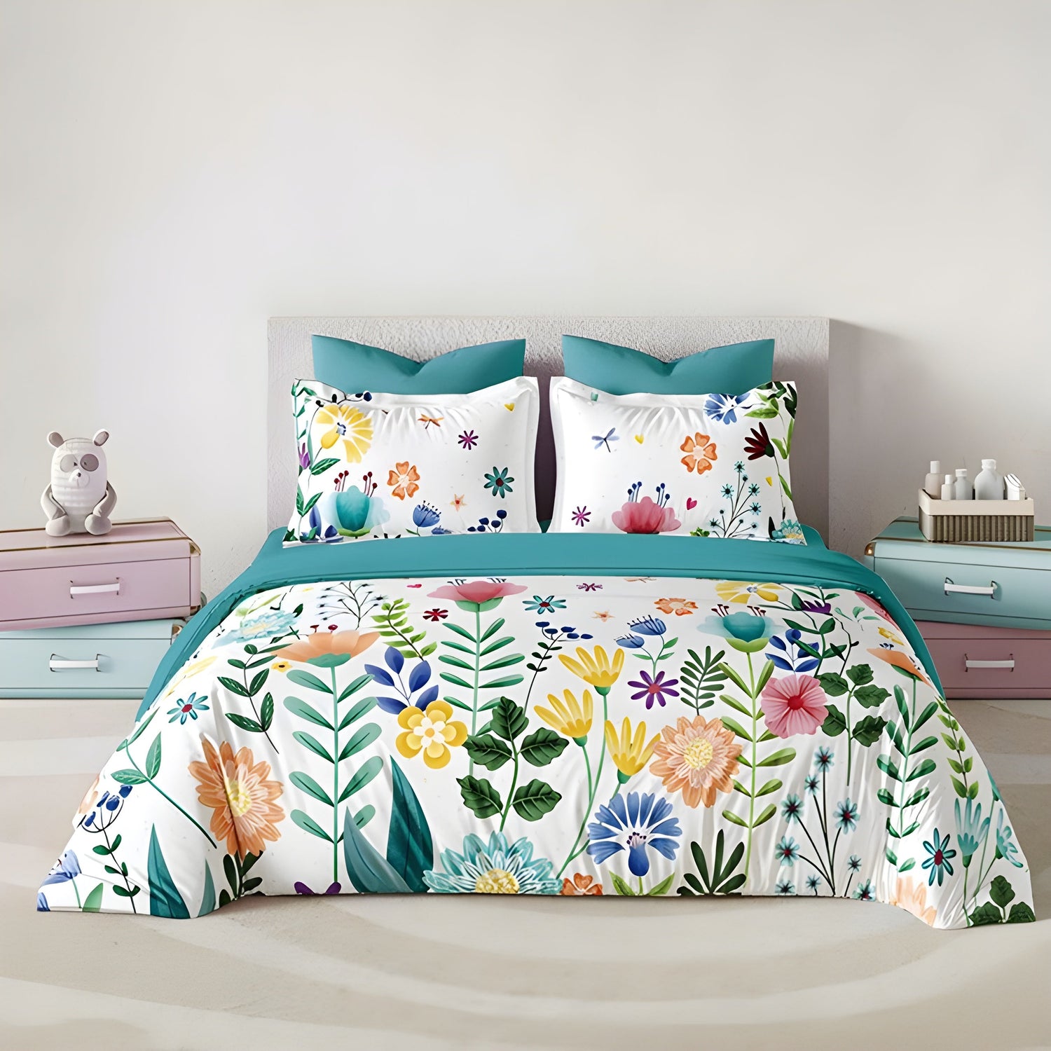 Spalno-belyo-s-lastik-ot-premium-ranfors-pamuk-byalo-i-sinyo-s-tsvetya-i-lista