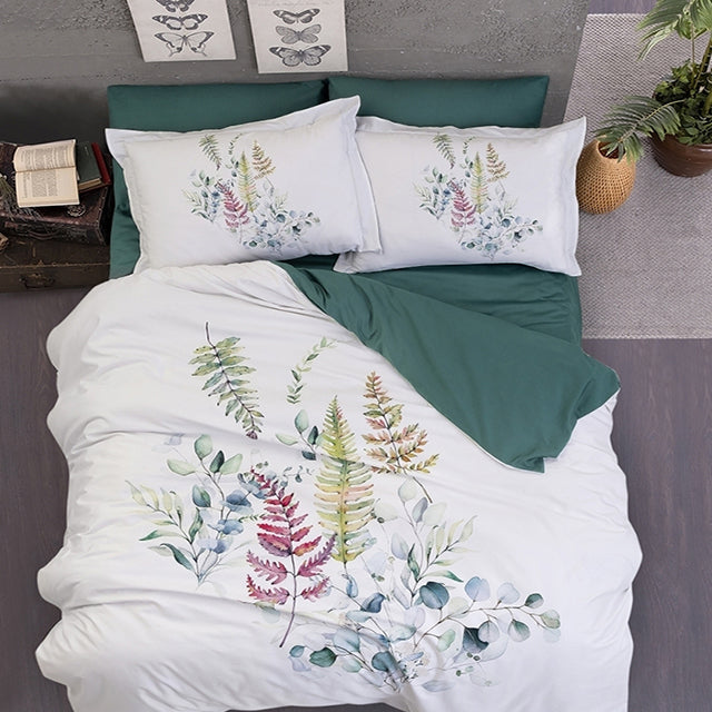 3D Спално бельо от памучен сатен – бяло и зелено с листа и цветя