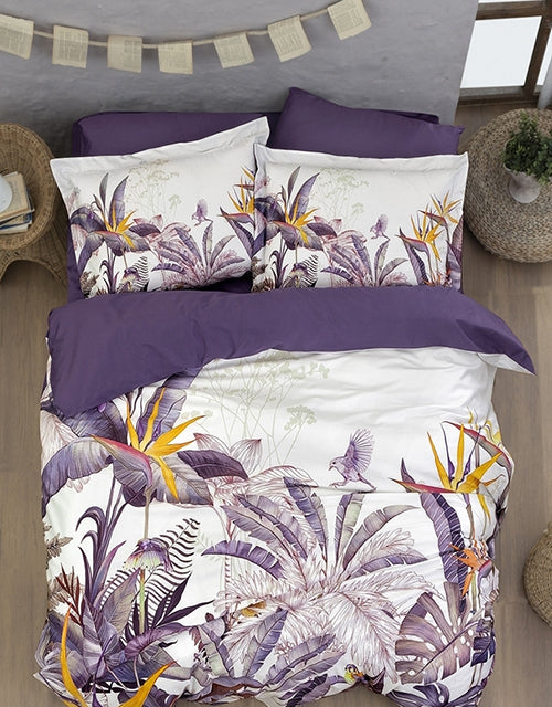 3D Спално бельо от памучен сатен – бяло и лилаво с екзотични листа и птици