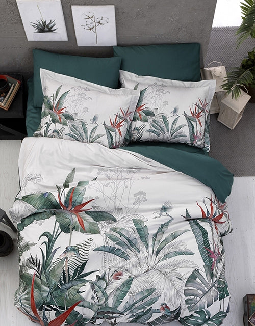 3D Спално бельо от памучен сатен – бяло и тъмнозелено с тропически листа и птички