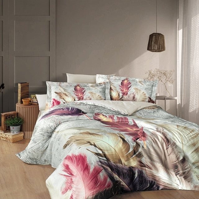 3D Спално бельо от памучен сатен – бяло-бежово с пера