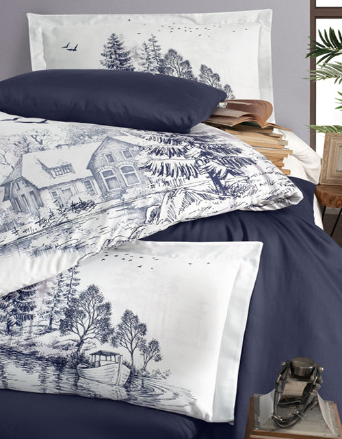 3D Спално бельо от памучен сатен – бяло с речен пейзаж