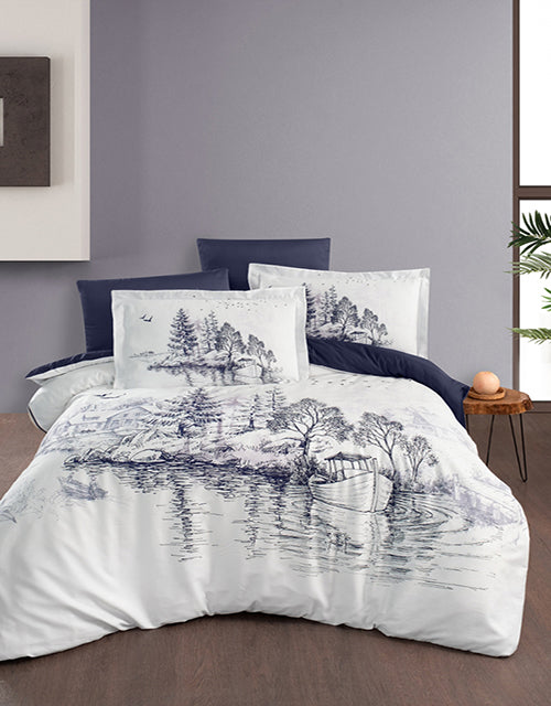 3D Спално бельо от памучен сатен – бяло с речен пейзаж
