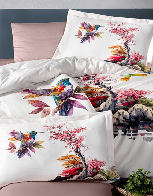 3D Спално бельо от памучен сатен – бяло с колибри и камъни