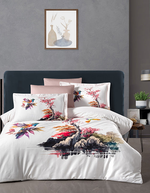 3D Спално бельо от памучен сатен – бяло с колибри и камъни