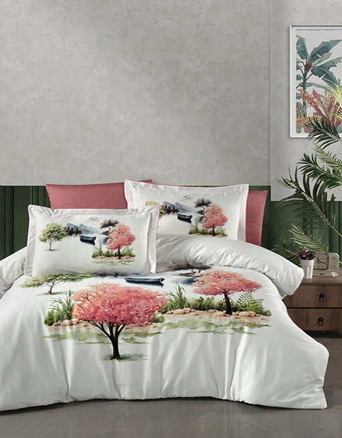 3D Спално бельо от памучен сатен – бяло с розови дървета и лодка