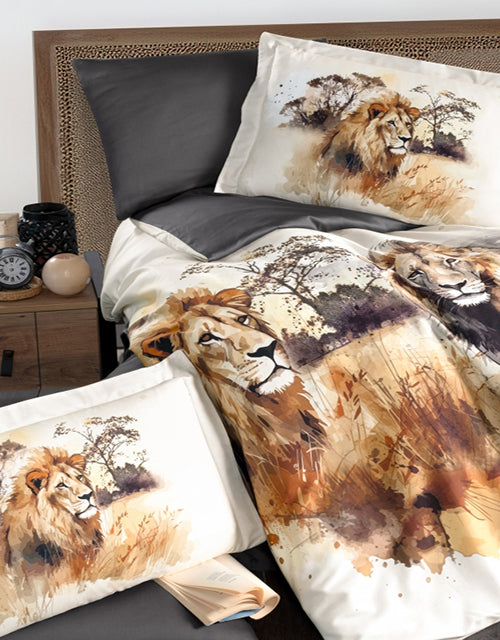 3D Спално бельо от памучен сатен – бяло с лъвове