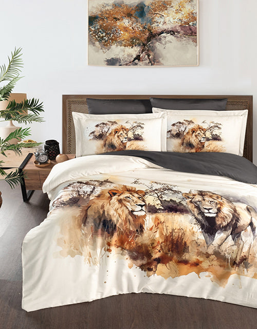 3D Спално бельо от памучен сатен – бяло с лъвове