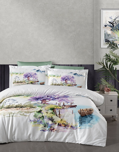 3D Спално бельо от памучен сатен – бяло с красив пейзаж