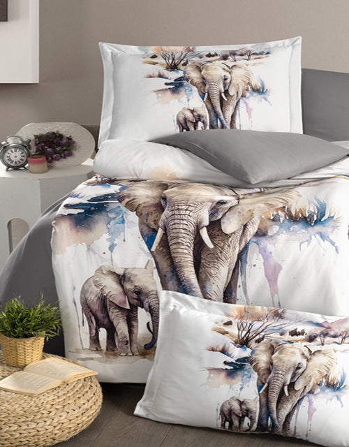 3D Спално бельо от памучен сатен – бяло със слончета