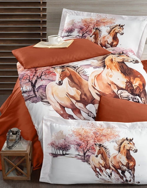 3D Спално бельо от памучен сатен – бяло с кафяви коне