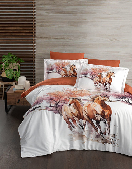 3D Спално бельо от памучен сатен – бяло с кафяви коне