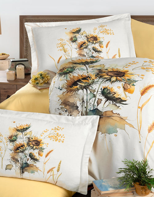 3D Спално бельо от памучен сатен – бяло със слънчогледи