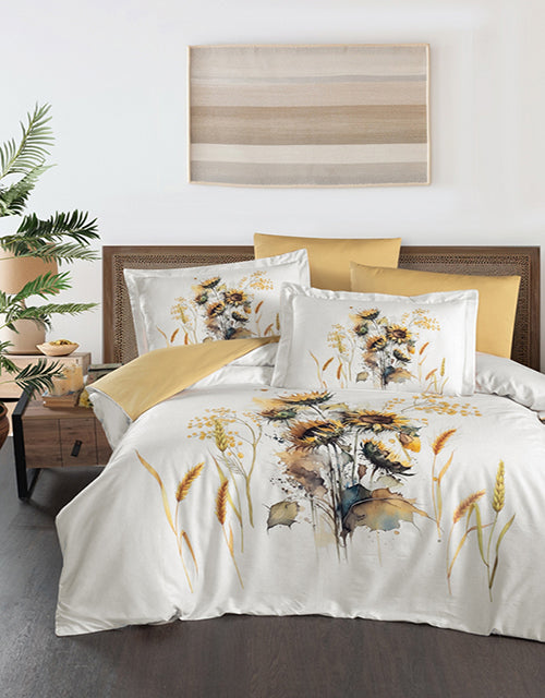 3D Спално бельо от памучен сатен – бяло със слънчогледи