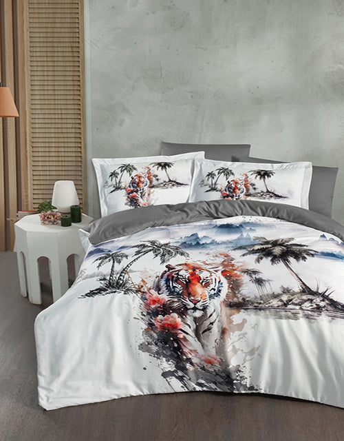3D Спално бельо от памучен сатен – бяло с тигър
