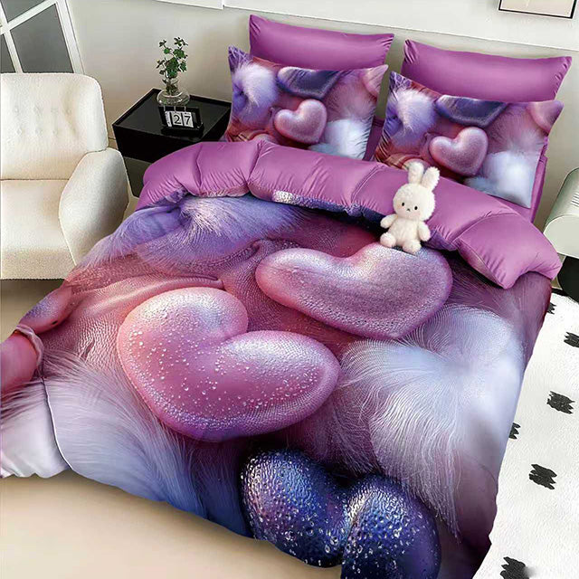 5D Спално бельо с ластик - розово и лилаво със сърца