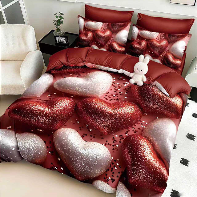 5D Спално бельо с ластик - червено със сърца