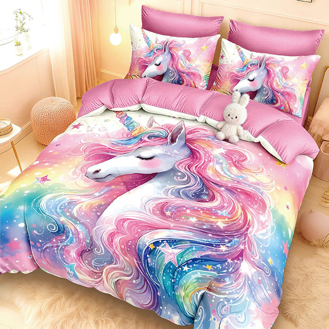 5D Спално бельо с ластик - розов с еднорог