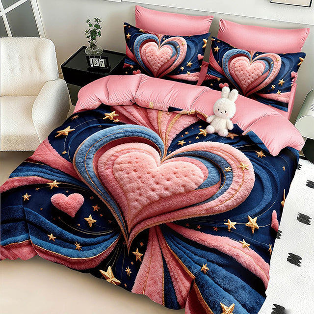 5D Спално бельо с ластик - розов със сърце