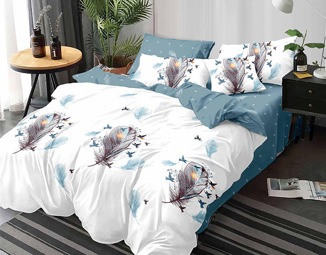 Спално бельо от 100% памук – бяло със сини и червени пера