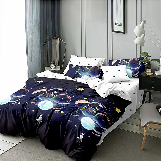 Спално бельо от 100% памук – тъмносиньо със звезди и балони