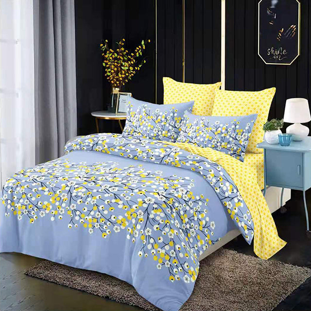 Спално бельо от 100% памук – синьо с жълти и бели цветя