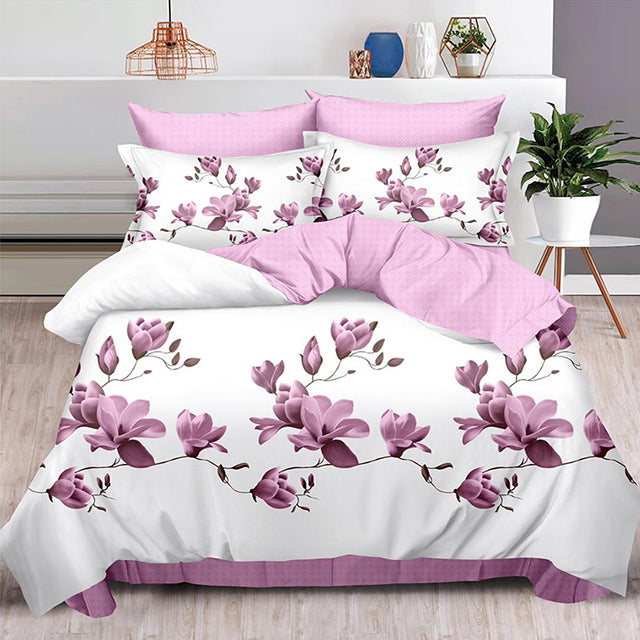 Спално бельо от 100% памук – бяло и розово с цветя