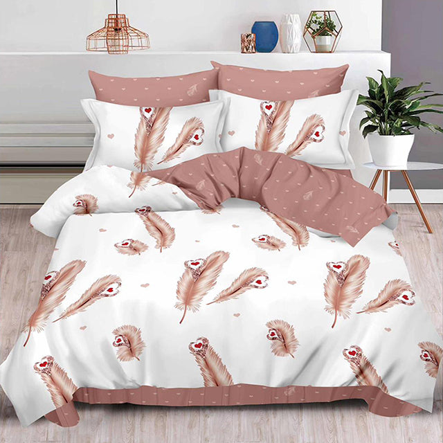 Спално бельо от 100% памук – бяло и кафяво с пера и сърчица
